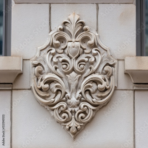 Ornate, light beige stone relief on white brick wall