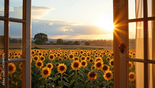 a scenic view from a bedroom window showing a wide open field of sunflowers under golden hour light