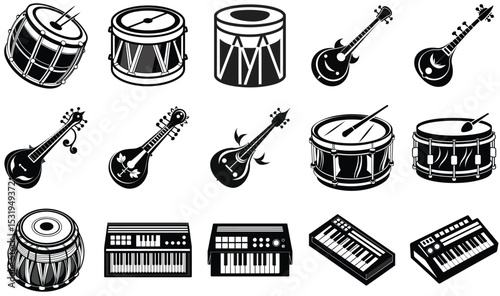 Black and white vector illustrations of various traditional musical instruments for design elements