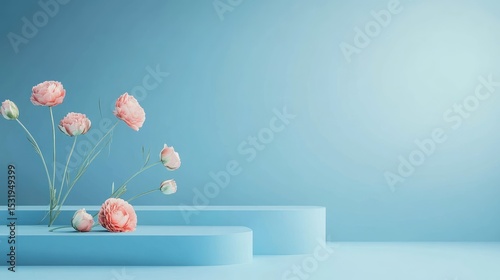 Bright and Serene Floral Arrangement with Delicate Cherry Blossoms against a Soft Blue Background Perfect for Product Display and Minimalist Decor


