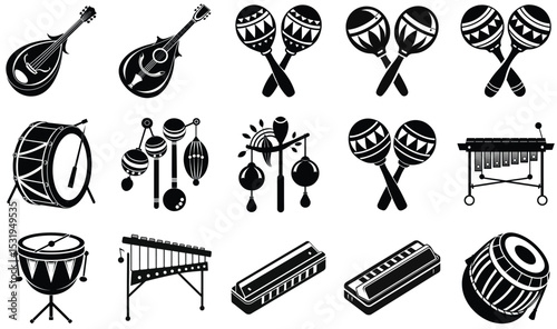 Collection of vector musical instruments including drums maracas mandolin harmonica and xylophone