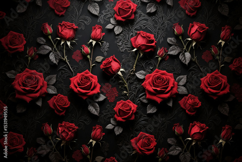 Dark floral wallpaper with moody red roses on a black background, creating a vintage gothic vibe. Perfect for dramatic posters, banners, and romantic design projects.

