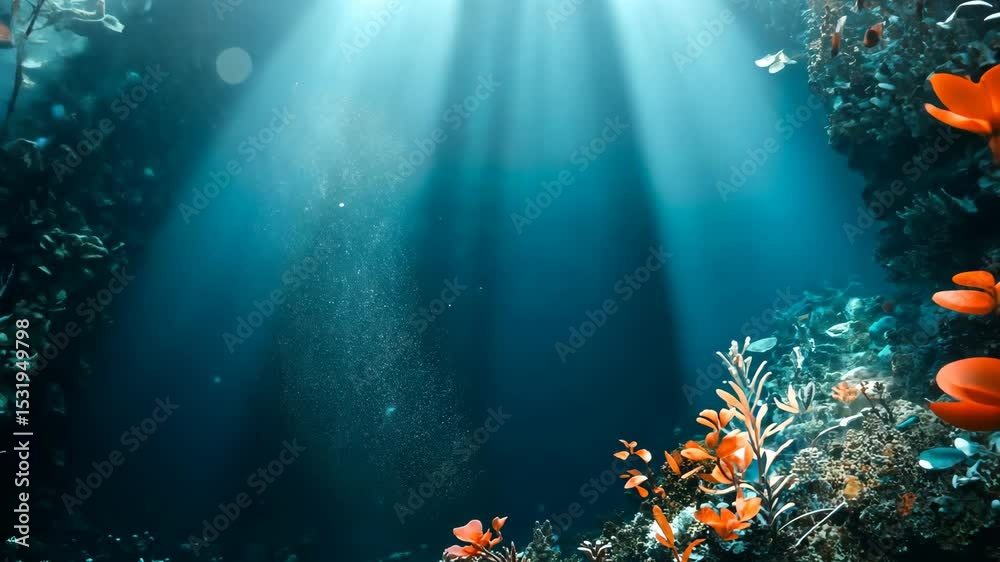 Sunbeams illuminate vibrant coral reef scene, showcasing diverse marine flora in deep ocean