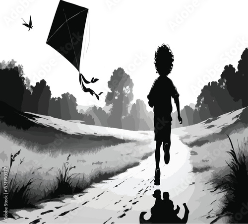 "Energetic silhouette of a young child joyfully running along a winding path with a kite soaring above, symbolizing youthful freedom and boundless outdoor adventure in a serene landscape."
