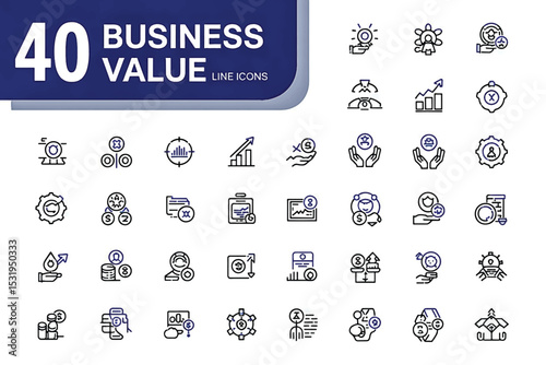 Business Value Icons: A comprehensive set of 40 meticulously crafted line icons representing core business values, ideas, growth and key concepts. Clean lines and minimalist aesthetics. 