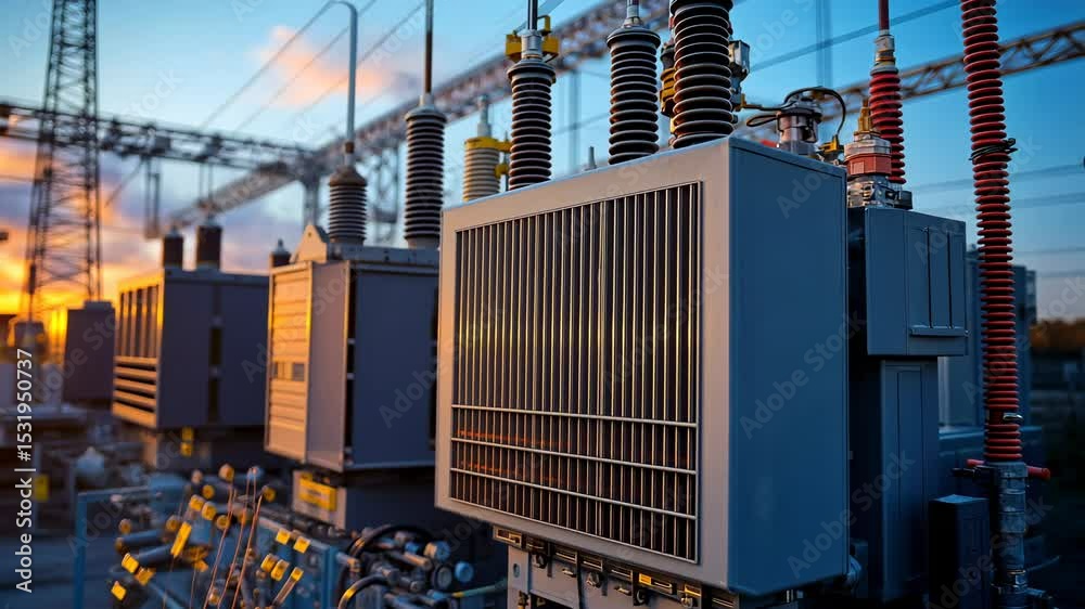 Power transformer at a substation at sunset