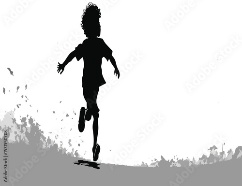 "Energetic silhouette of a young child in full stride, running freely with dynamic motion trails, symbolizing uninhibited joy and powerful forward movement in a stark, impactful graphic."
