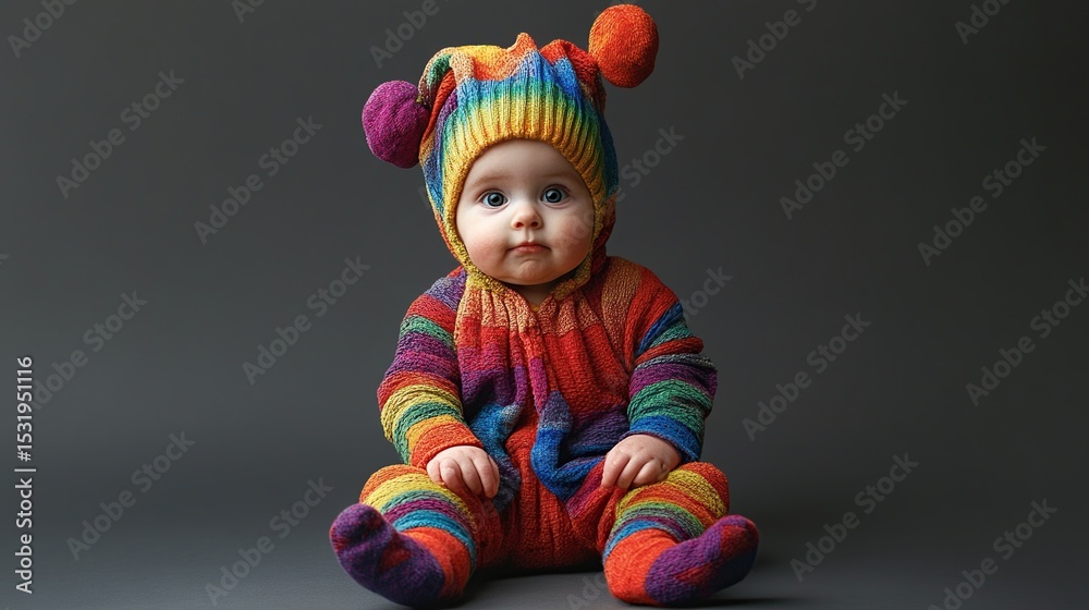A baby in a rainbow-striped onesie and matching hat with pom-poms sits on a gray background, looking directly at the camera with wide, innocent blue eyes A baby in a rainbow-striped onesie and matching hat with pom-poms sits on a gray background, looking directly at the camera with wide, innocent blue eyes