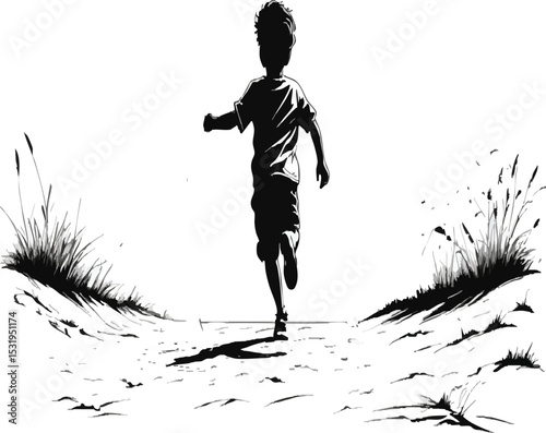 "Energetic silhouette of a young child running freely into the vast distance, symbolizing youthful exploration, boundless adventure, and the exciting journey of childhood in an open landscape."
