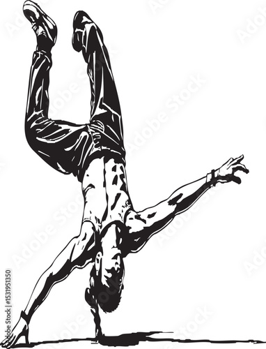 Young woman performing handstand in streetwear – dynamic pose, strength, balance, fitness concept

