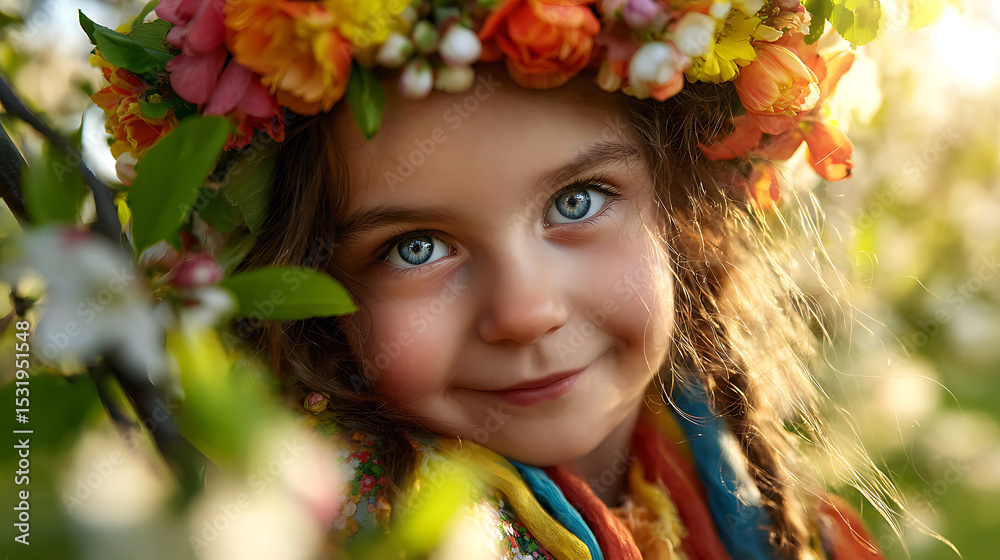 Fototapeta premium A child's radiant smile adorned with a flower crown, celebrating the pure joy of International Children's Day.