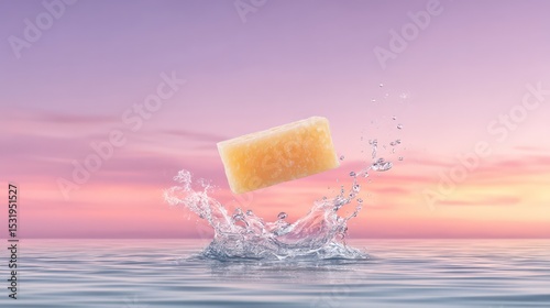 Pastel Soap Levitating Above Water Ripples at Sunset