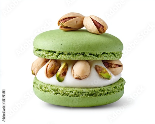 A delicious green pistachio macaron filled with smooth cream and topped with nuts.