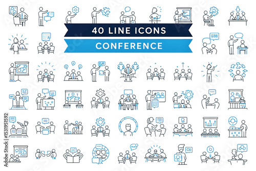 Conference Icons: A collection of 40 line icons, showcasing various aspects of a conference, from teamwork and meetings to presentations and discussions.