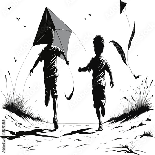 "Two energetic children silhouetted against a bright sky, joyfully running through a grassy field with kites flying high above, embodying youthful freedom and outdoor play."

