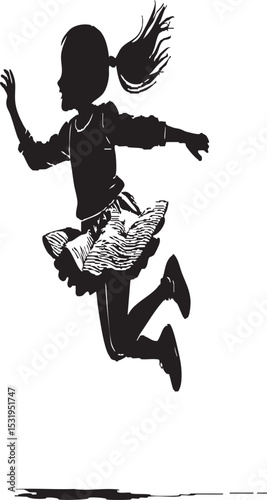 "Energetic silhouette of a joyful young girl mid-leap, expressing boundless freedom and the pure, unadulterated happiness of childhood play and movement in a striking graphic."
