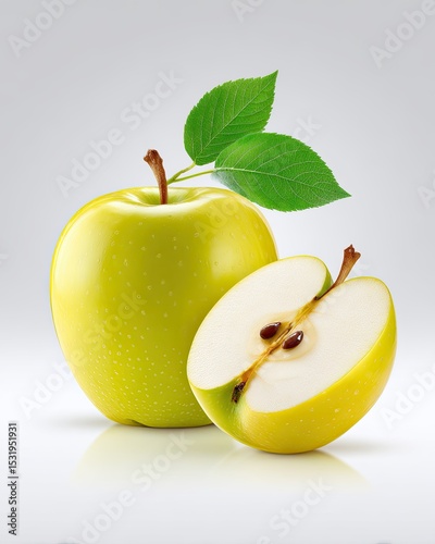 Fresh green apple with a slice showing the juicy interior and vibrant leaves.