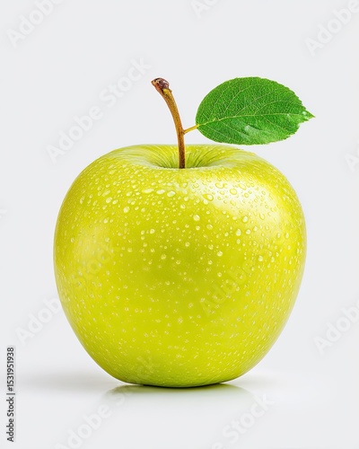 Fresh green apple with a leaf on a neutral background, perfect for healthy eating concepts.