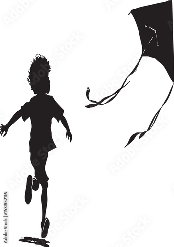 "Energetic silhouette of a young child joyfully running towards a soaring kite, symbolizing youthful freedom and the exciting pursuit of dreams in a simple, impactful graphic."
