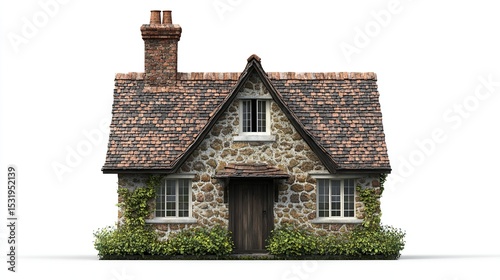 Charming stone cottage with brown roof, brick chimney, dark wooden door, ivy, and small windows, set against a white background