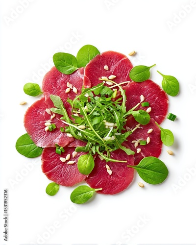 Freshly sliced raw meat garnished with greens and seeds on a white plate.