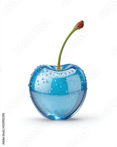 A vibrant blue glass cherry, adorned with droplets, showcasing artistic design.