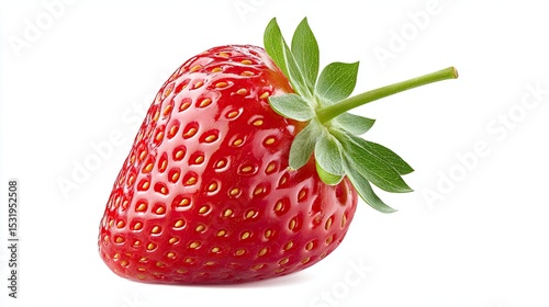 Fresh red strawberry with green leaves showcasing its vibrant colors and texture.
