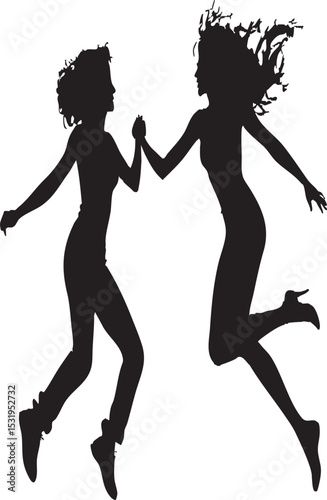 "Two joyful women, full of vibrant energy and boundless happiness, captured in an uplifting moment of shared leap and freedom."