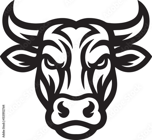 Majestic Bull Portrait: A bold, line art illustration captures the powerful essence of a bull's face, showcasing intricate details of the animal's imposing features and determined gaze. Tribal black s
