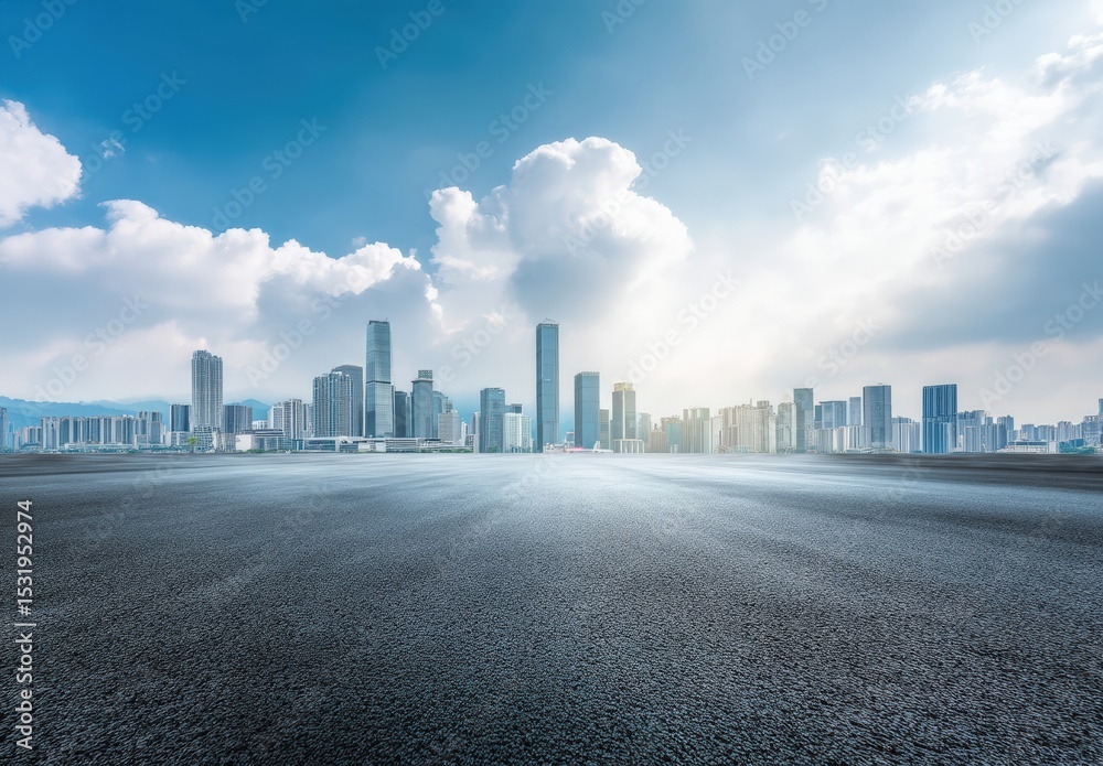 Panoramic view of empty asphalt road and cityscape against blue sky with white clouds, sunlight reflection on the ground Panoramic view of empty asphalt road and cityscape against blue sky with white clouds, sunlight reflection on the ground