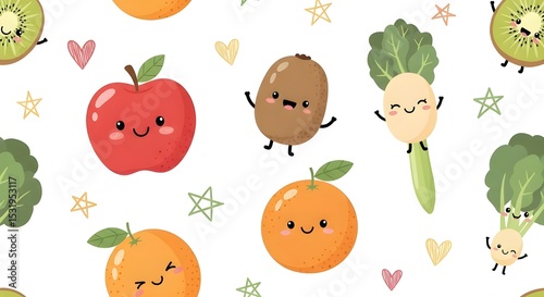 Kawaii Fruits and Vegetables Pattern | Cute Smiling Food Characters Repeat Background for Kids Nutrition Education and Healthy Eating Promotion