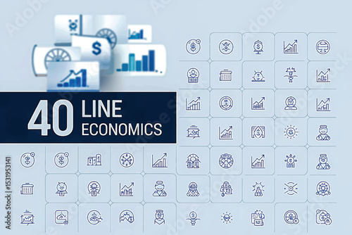 Line Economics Icons Set: A collection of 40 detailed line icons representing various aspects of economics. Ideal for use in presentations, websites, and other visual projects.