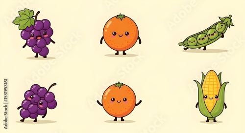 Cute Cartoon Fruits and Vegetables Illustration | Whimsical Food Characters for Children's Education, Healthy Eating Campaigns and Product Design