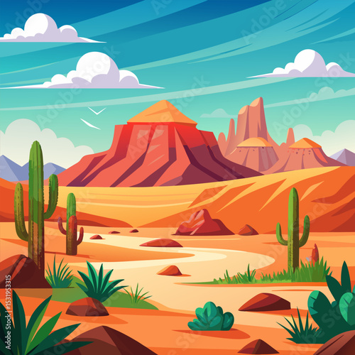 Majestic Desert Landscape. Cacti. Mountains. and a Serene Oasis