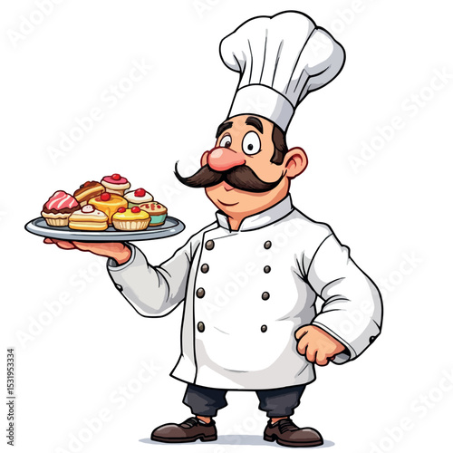 Vsai cartoon chef holding tray of pastries with proud expression