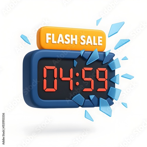Flash Sale Countdown Timer with Shattered Glass Effect – 3D Illustration