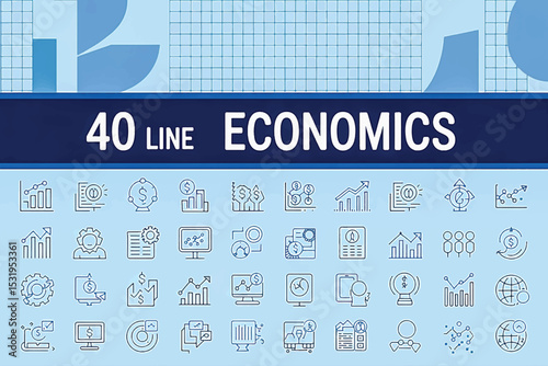 Line Icons: Exploring the intricate world of economics, this graphic displays a vast collection of forty detailed line icons, meticulously designed to represent diverse economic concepts.