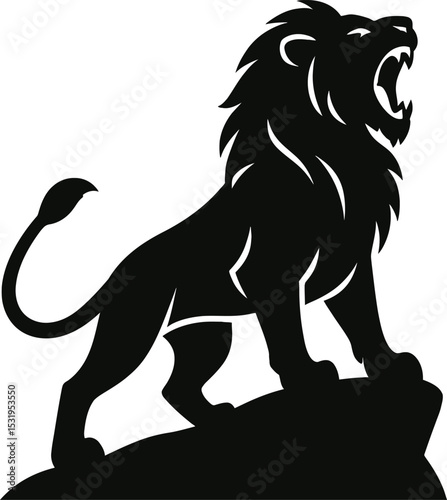 A silhouette of a lion roaring on a rock, vector art style, white background