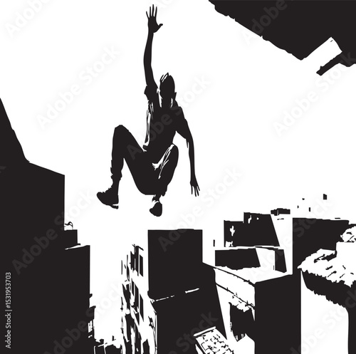 Urban parkour jump silhouette over city rooftops – extreme sport, freedom, motion, and street action

