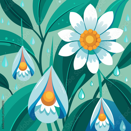 Elegant Floral Design. White Flowers in the Rain