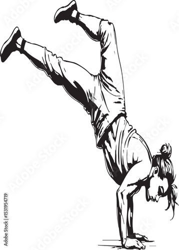 Young woman performing handstand in streetwear – dynamic pose, strength, balance, fitness concept

