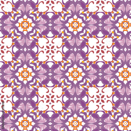 seamless pattern with flowers, vibrant and ornate seamless pattern, Moorish or Mediterranean influence, stylized floral or abstract shape, symmetrically, central orange square-like elements
