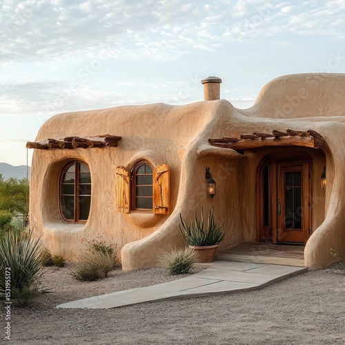 Traditional adobe home architecture with earth walls, organic forms, wood accents, and energy-efficient thermal mass design in desert or arid environments