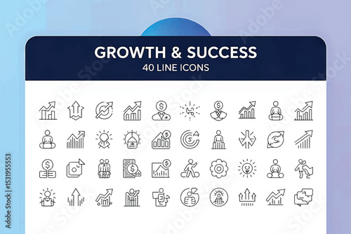 Growth and Success Line Icons: A collection of 40 minimalist line icons representing growth, success, development, and progress. Perfect for business presentations, websites, and apps.