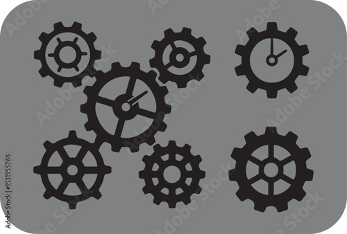 Interlocking black cog wheels clockwork mechanism grey background