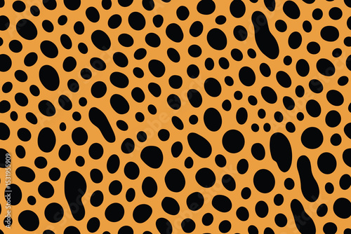Seamless serval fur pattern with scattered black spots on bright orange background