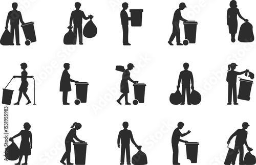 Silhouette Icons of People Engaging in Waste Management and Recycling Activities