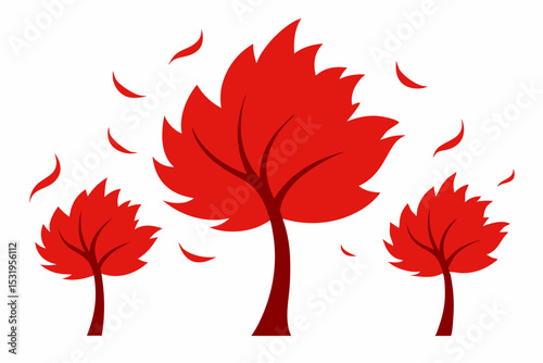 Three red stylized trees with falling leaves