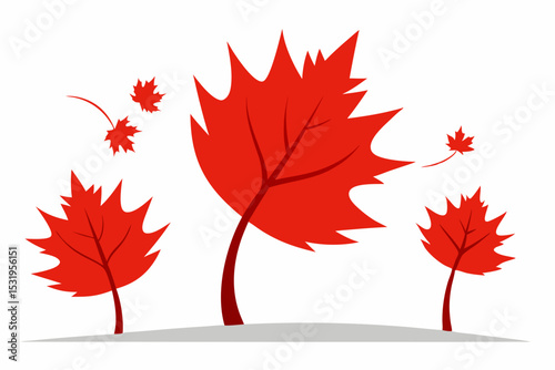 Red maple trees and falling leaves autumn illustration