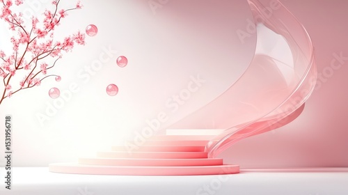 Pink Geometric Platform with Transparent Spiral and Cherry Blossoms